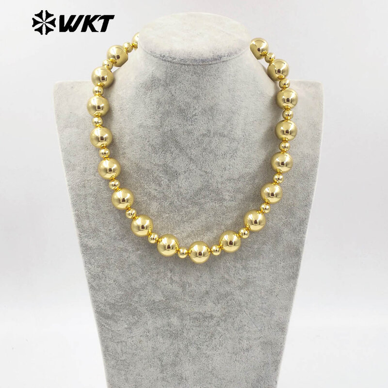 Big Brass Ball Beads Necklace para Mulheres, Estenda 18 Polegada Long, Real Banhado A Ouro, Simples Legal, Popular, Novo, WT-JFN15, 16mm