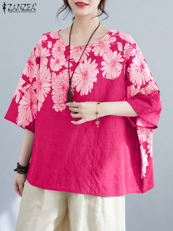 Повседневные мешковатые блузки ZANZEA с рукавом 3/4, Модные свободные футболки с цветочным принтом, женская летняя блуза оверсайз в стиле ретро, туника с круглым вырезом, топы