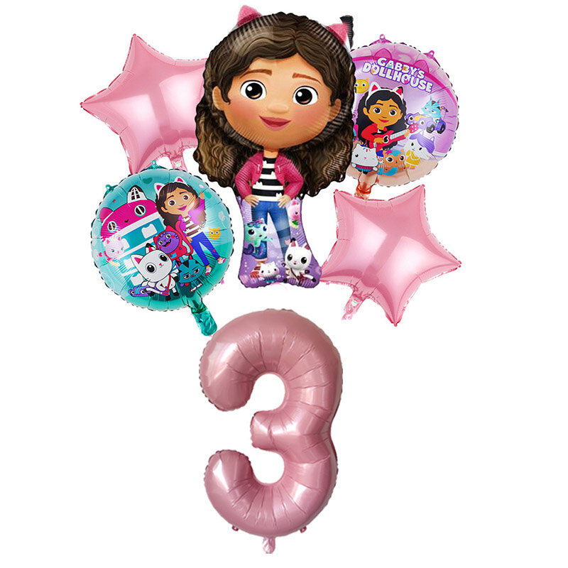 Gabby Dollhouse Number Balloon for Girls, Birthday Party Decoration, Baby Shower Supplies, Kids Toy, Rosa e Roxo, 1 2 3 4 5, 6Pcs
