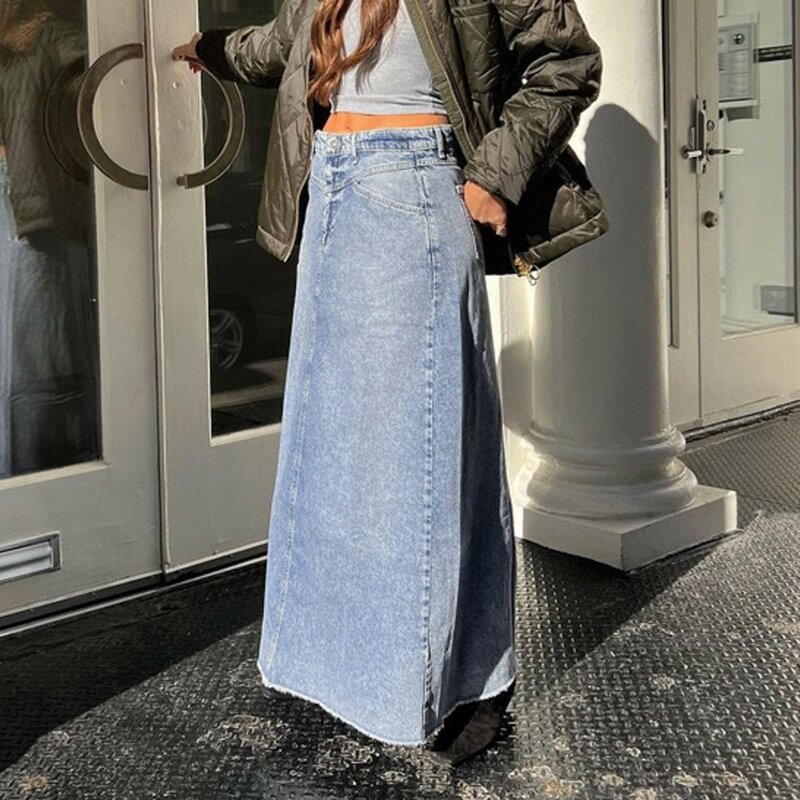 Женская джинсовая юбка с завышенной талией, Повседневная Свободная джинсовая юбка в уличном стиле с грубыми краями, модель корейского стиля на лето