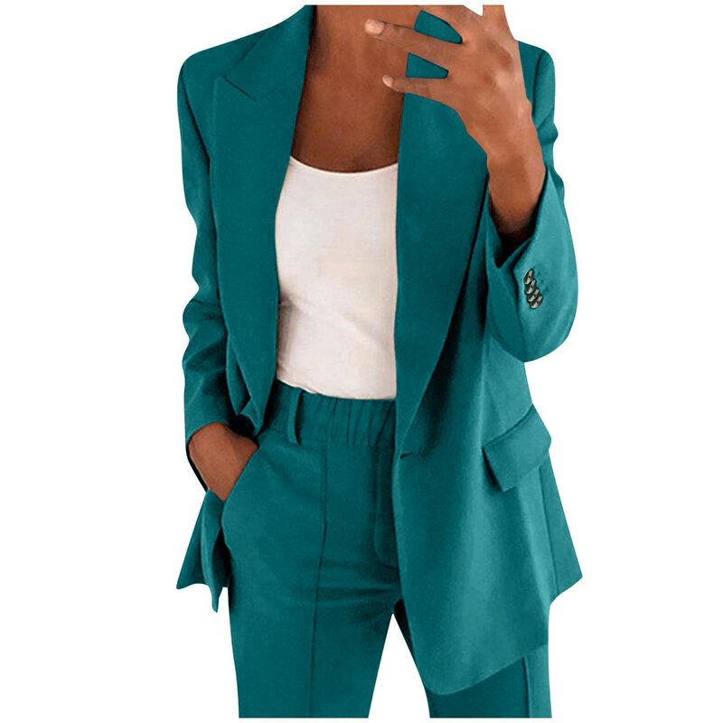 Fato de escritório feminino com duas peças, conjunto de blazer e calças, manga comprida, botão singel, jaqueta formal, calça de perna larga, casaco fino