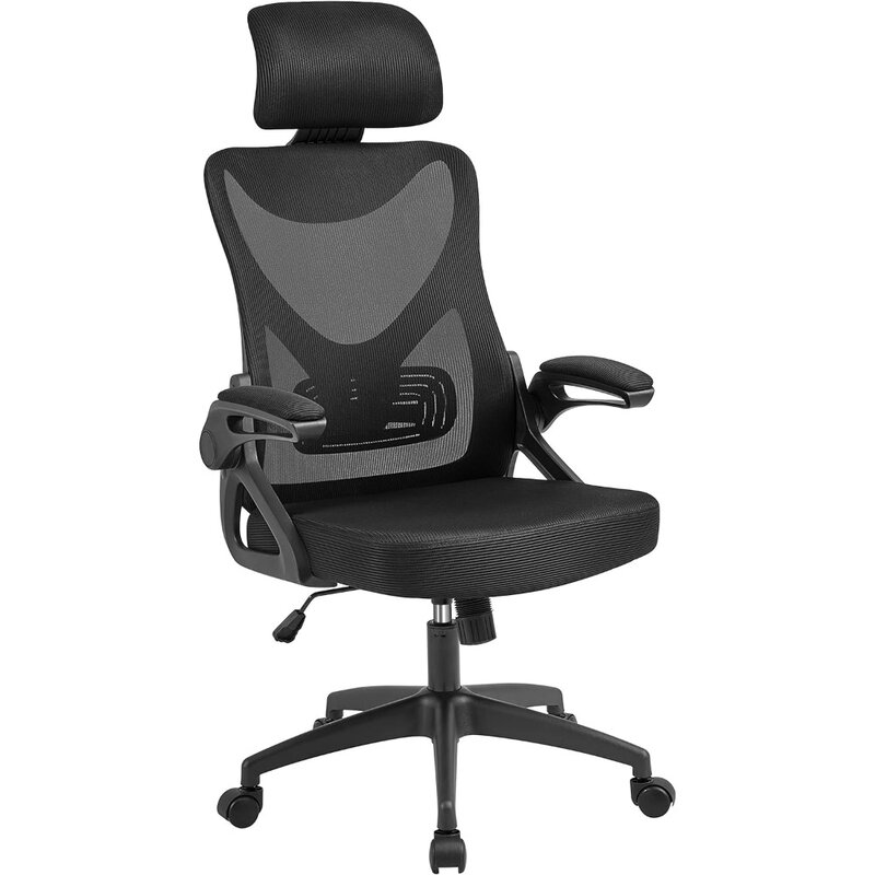Silla de oficina ergonómica con respaldo alto y reposabrazos abatible, reposacabezas acolchado ajustable, silla de malla con soporte Lumbar