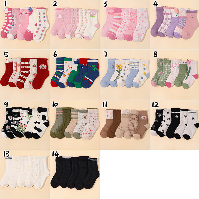 Chaussettes élastiques en coton pour bébés garçons et filles, bas à tube moyen pour tout-petits, joli lapin, rose, dessin animé, décontracté, 3 à 5 ans, ensemble de 5 paires