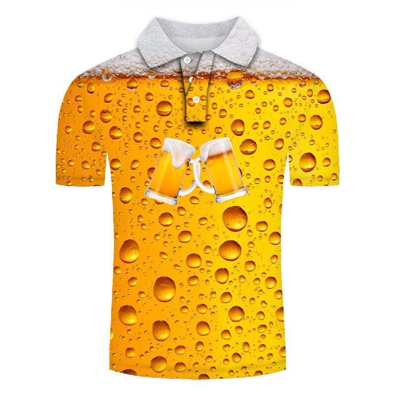 재미있는 맥주 3D 프린트 단추 다운 칼라 남성 폴로 셔츠, 캐주얼 상의, 오버사이즈 반팔, 트렌드 남성 의류, 여름