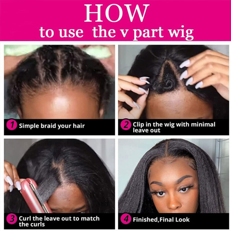 U V Part Kinky Straight Human Hair Wig No Leave Out No Glue Remy V Part Yaki Straight Brazilian Human Hair Wigs For Black Women