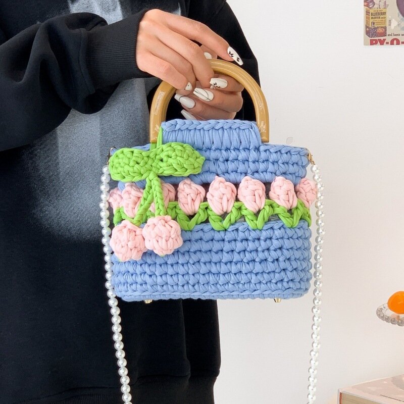 Mão-tecido Tulip Bag, Thread Strip caseiro, Messenger Handbag, DIY