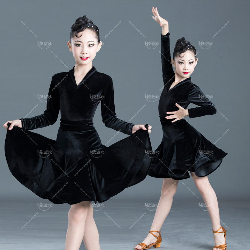 Fluwelen Lange Mouwen Latin Dance Jurk Voor Kinderen Meisjes Wedstrijd Ballroom Kids Tango Salsa Dancewear Praktijk Wear Cha Cha