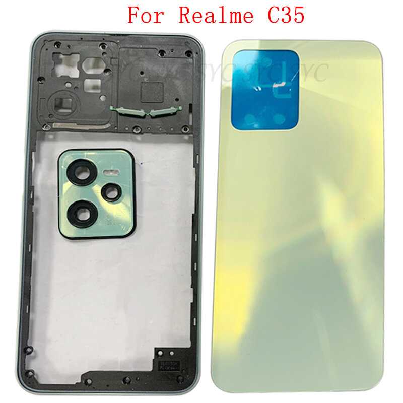 Cubierta de batería para Realme C35, carcasa de puerta trasera con marco medio, piezas de reparación de marco de cámara