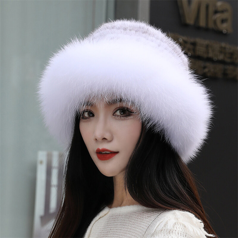 2022 Women's Fox Fur Hats New Knitting Mink Fur Windproof Warm Earmuffs Winter Hats Women's Fur Hats Russian Fox Mink Hats