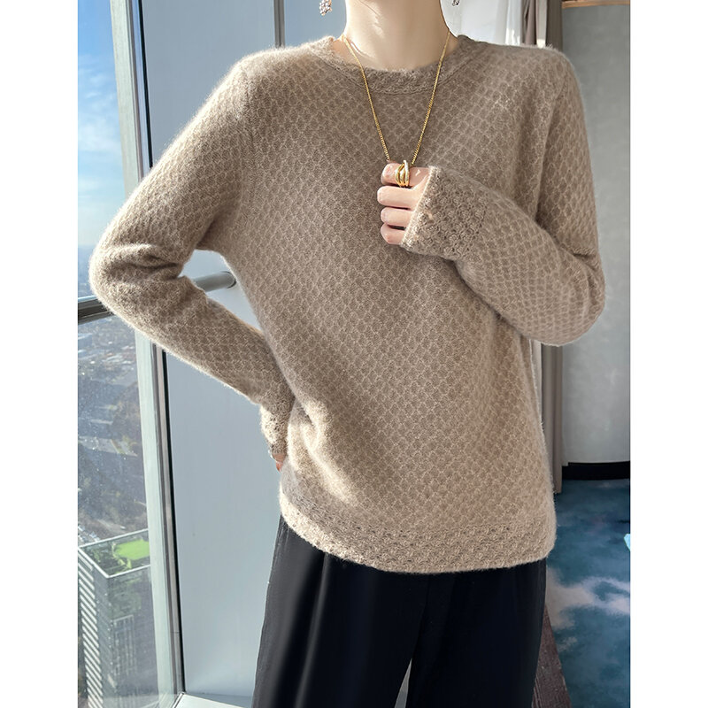 Sweter damski 100% czysty wełniany sweter 2024 moda jesień/zima wszechstronny do połowy szyi dzianinowa bluzka wafel CoatTop