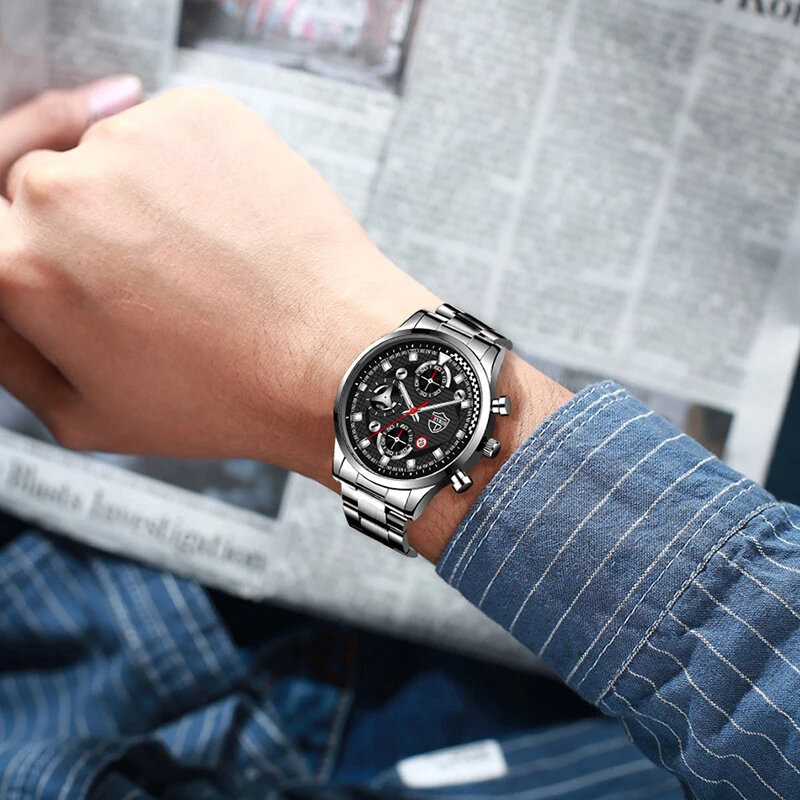 Mens Sports Watches Luxury Silver Stainless Steel Quartz Wristwatch Calendar Date Fashion Male Business Casual Bracelet Watch