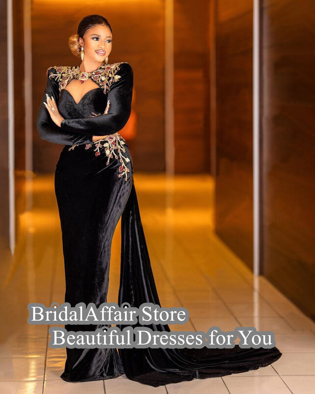 Bridalafair Vintage czarne welurowe suknie wieczorowe śliczne aplikacje kwiaty koraliki Aso Ebi formalne sukienki na przyjęcie z pociągiem