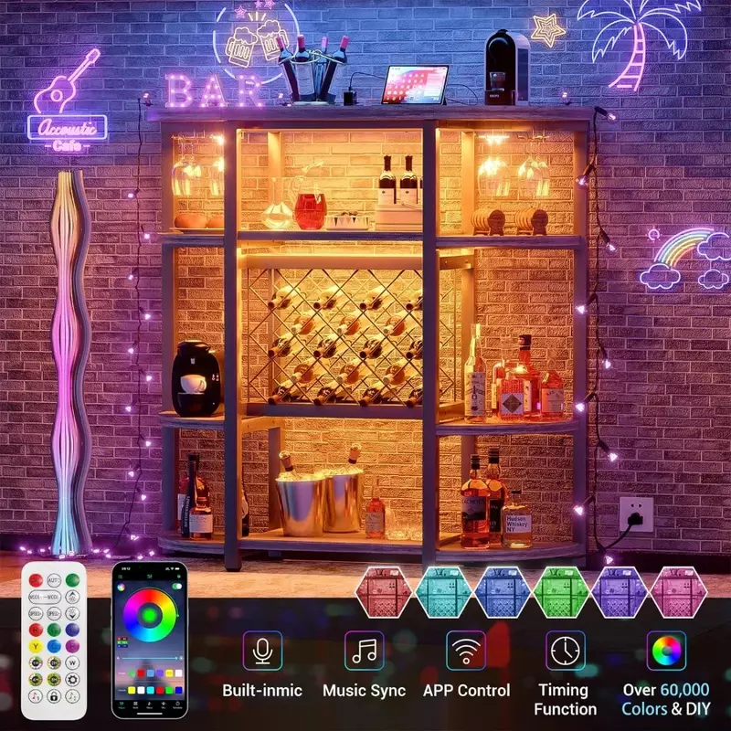 Farmhouse Bar Cabinet com Autônomo Wine Rack, Home Kitchen Wine Bar Cabinet com luzes LED e Power Outlets