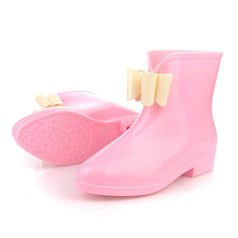 Botas de chuva femininas de tubo curto primavera e outono botas de chuva nó-arco botas de baixo topo branco-colarinho impermeável sapatos de borracha overshoes