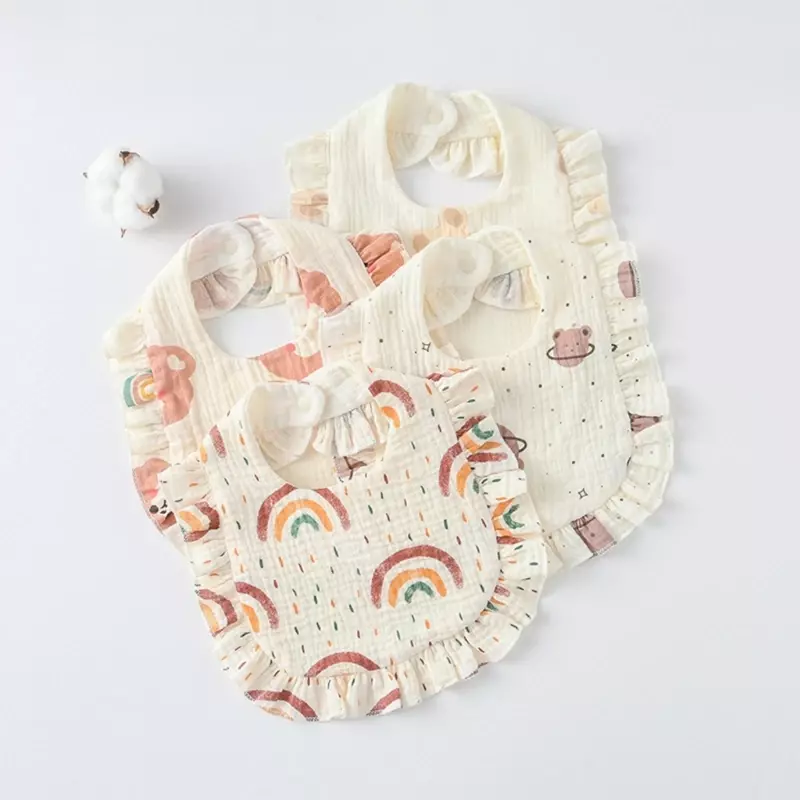 Babero absorbente en forma para alimentación bebé, gasas algodón, toalla babeante encaje, estampado dibujos con