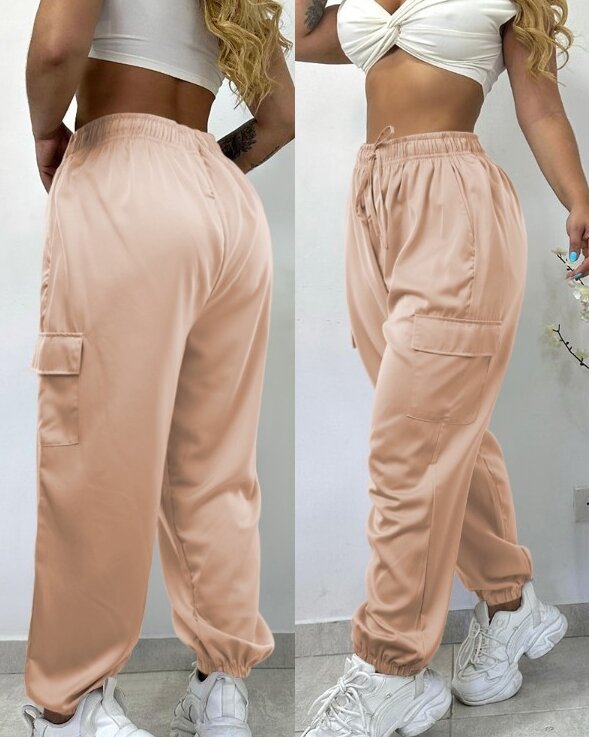 Fashion Casual Women's High Waisted Sports Long Pants 2024 Spring Pocket Design Elastic Waist Drawstring Cuffed Cargo Pants