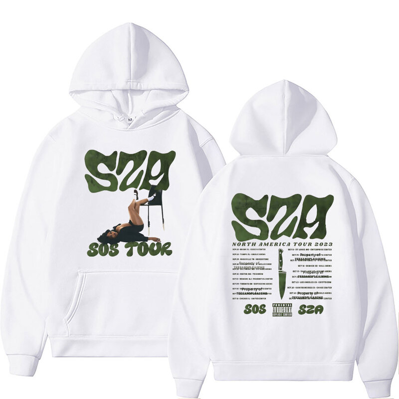 Rapper SZA SOS Tour Hoodie grafis dua sisi pria wanita Hip Hop Vintage ukuran besar Pullover Hoodie Mode Pria Streetwear
