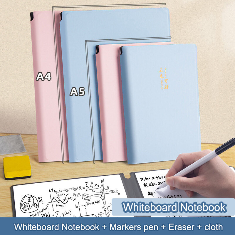 Cuaderno de pizarra blanca A4/A5 con rotuladores, borrador pequeño de tela, portátil, de cuero, reutilizable