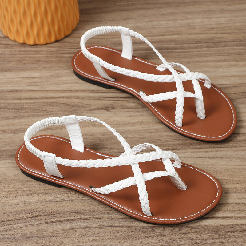 Band Braid Pinch Toe Sandals Women Elastic Summer Rome Open Toe 2024 Casual Flat Sandals Solid Color Outdoor Beach Shoes Ladies