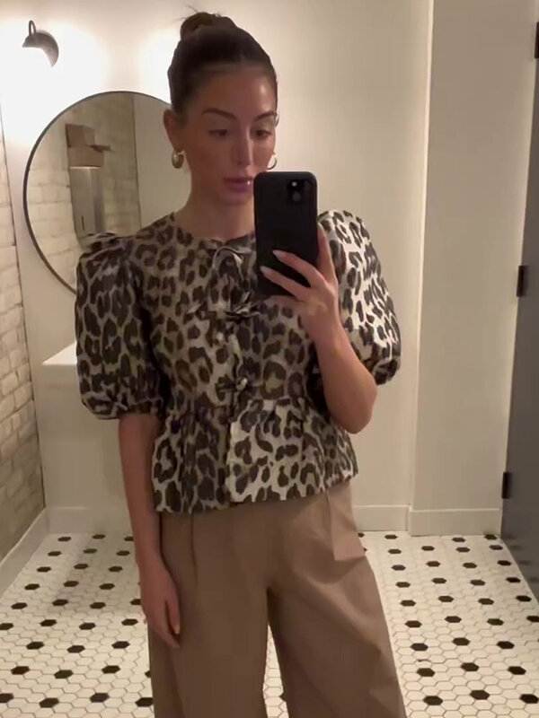 Mode Leoparden muster aushöhlen Frauen hemd schick kausal lose o Hals Kurzarm Tops 2024 Frühling Herbst weibliche Streetwear Top