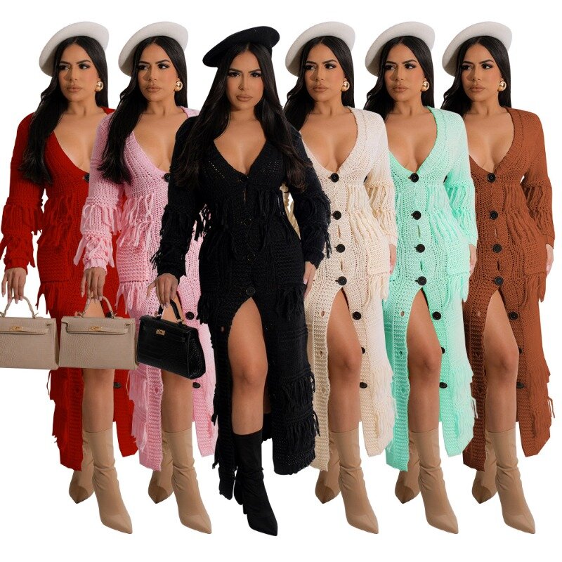 Tassel Knitted Sweaters Long Cardigan Women Sexy V Neck Full Sleeve Single Breasted Pockets Casual Coats High Stretch Outwear