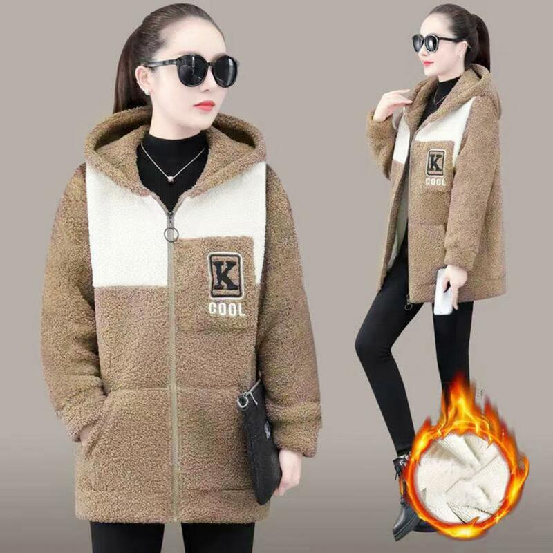 Women Coat Colorblock Fleece Hooded Coat with Pockets Warm Winter Cardigan Jacket for Women Mid Length Zipper Closure Outerwear