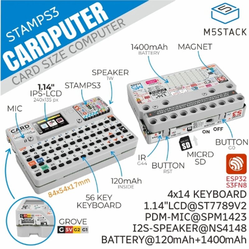 M5stack Cardcomputer 스탬프 S3 마이크로 컨트롤러, 56 키 키보드 카드 컴퓨터 키트, 공식 M55Stack 콘