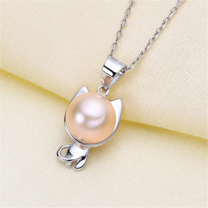 DIY Pearl Accessories S925 Silver Kitten Pearl Jade Pendant Pendant Fit 7-9mm Round Flat Beads D168