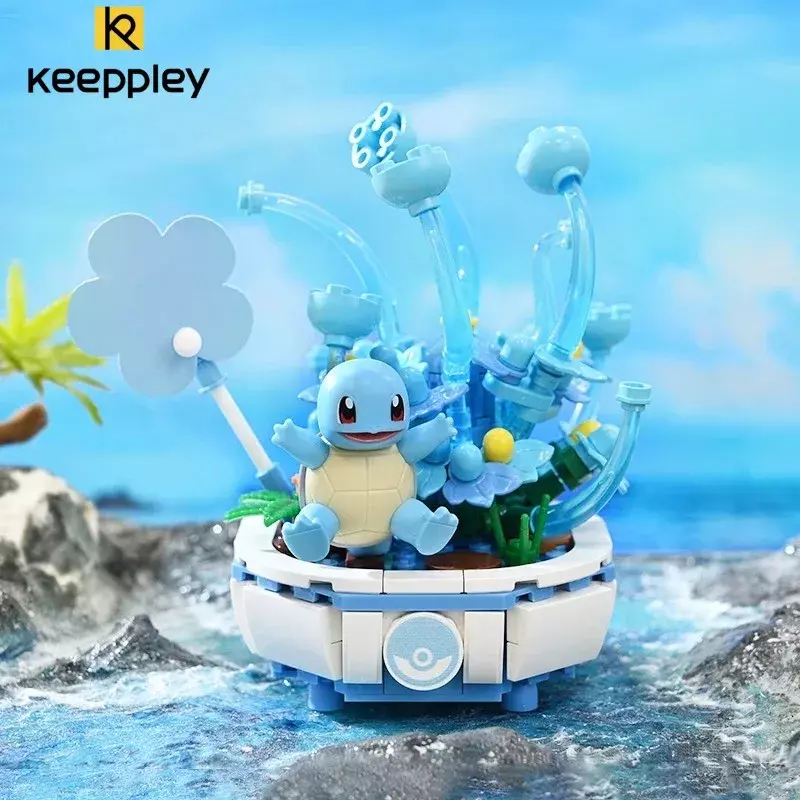 Keepley Pokemon blok bangunan Pikachu Charmander mainan Model Squirtle tanaman dekorasi rumah pot bunga bata mainan anak hadiah