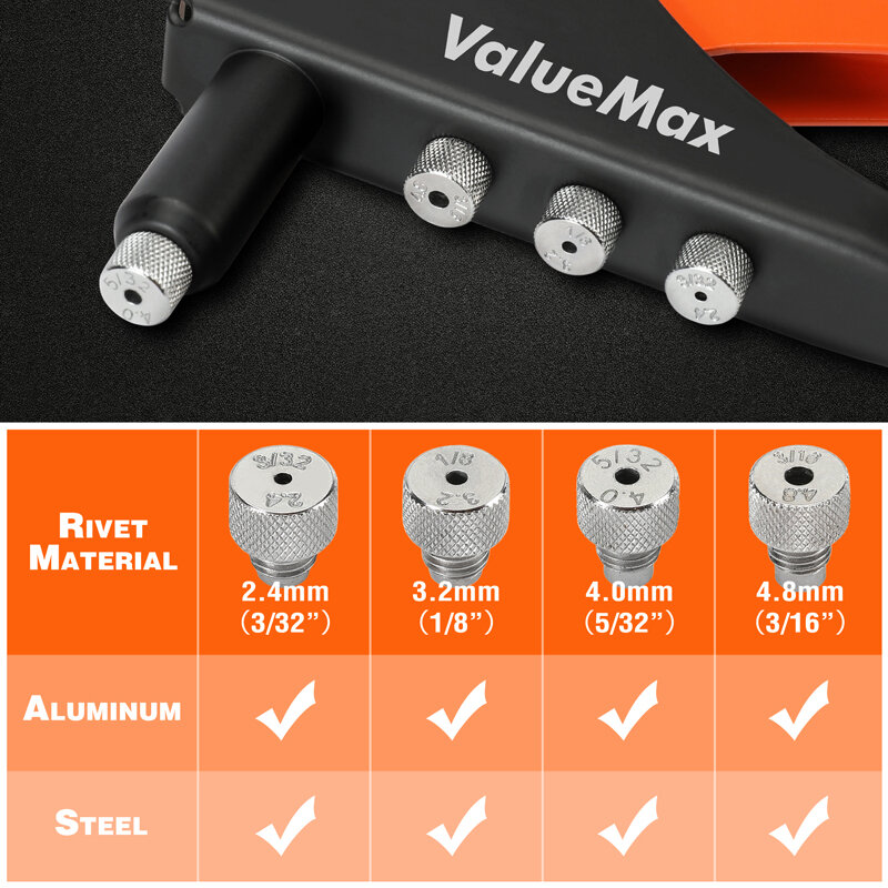 ValueMax-remachadora Manual profesional, herramienta de mano para reparación del hogar y bricolaje con 200 remaches, 2,4mm, 3,2mm, 4,0mm y 4,8mm