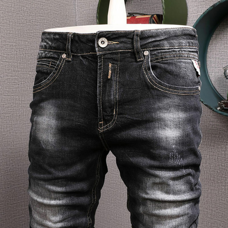 Pantalones vaqueros rasgados elásticos para Hombre, Jeans de estilo italiano, Vintage, Casual, Retro, negro y gris