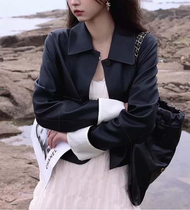 Женская кожаная куртка, Байкерская Короткая свободная куртка из мягкой Протеиновой искусственной кожи в Корейском стиле с лацканами, осень 2023