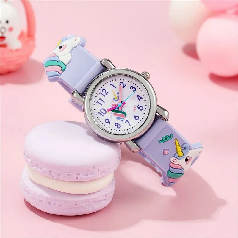 새로운 마카롱 귀여운 유니콘 패턴 어린이 석영 시계, 컬러 실리콘 소년 소녀 학생 시계 생일 선물 시계