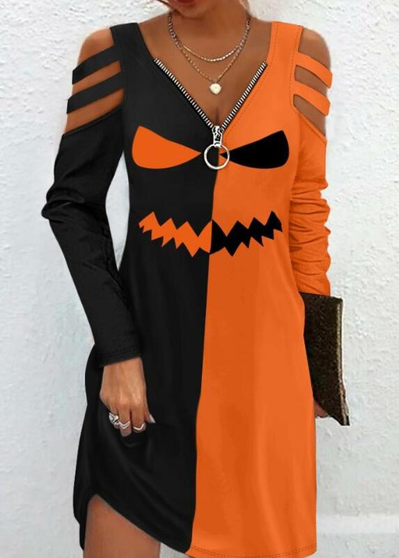 Halloween Womens Dresses 2023 Summer Fashion Scary Face Print Colorblock Cold Shoulder Zipper Long Sleeve Mini A Line Dress