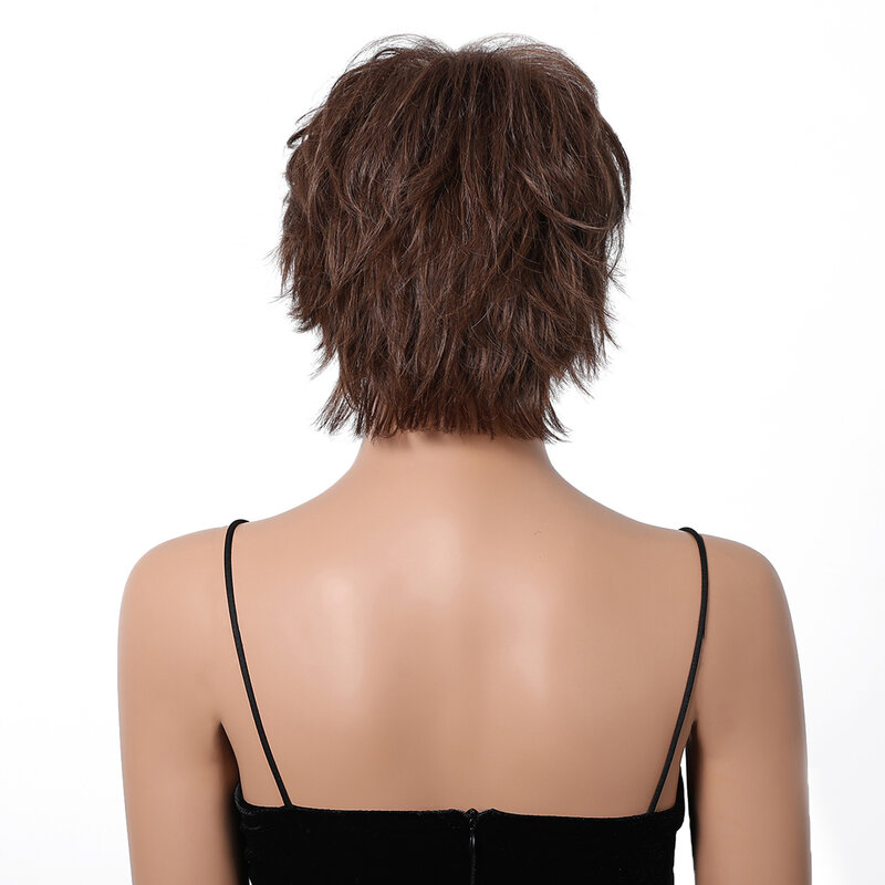 Peruka z mieszanką ludzkich włosów krótka fryzura Pixie brązowa naturalna falista 30% mieszanka ludzkich włosów peruki w stylu warstwowym dla czarnych kobiet Afro codziennego użytku