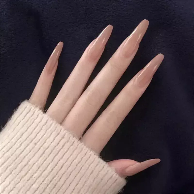 24Pcs Detachable Coffin False Nails Milky Pink Gradient Wearable Long French Ballerina Fake Nails Press On Nail Art Full Cover