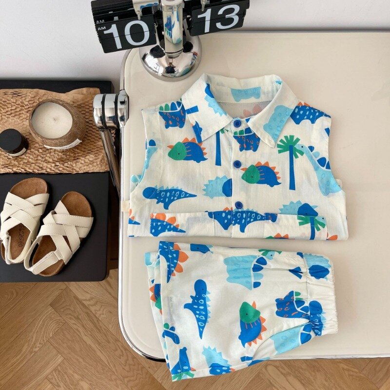 Детский мультяшный костюм, летний топ без рукавов для мальчиков, футболка и шорты с динозавром, комплект из двух предметов, детская одежда, наряды