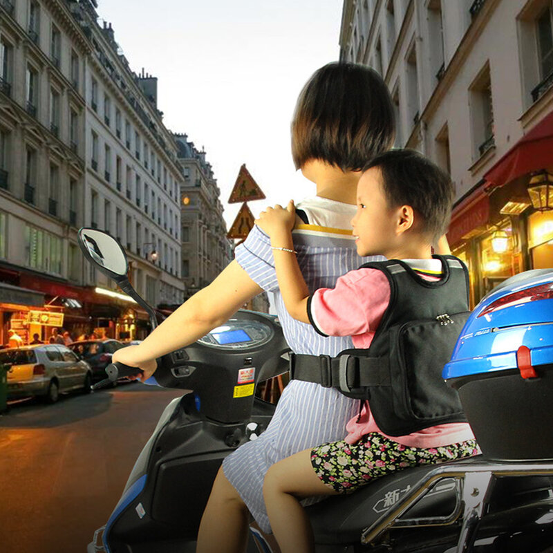 Universal cinto de segurança da motocicleta para crianças com saco de armazenamento banco traseiro pega alça arnês ajustável criança faixa reflexiva