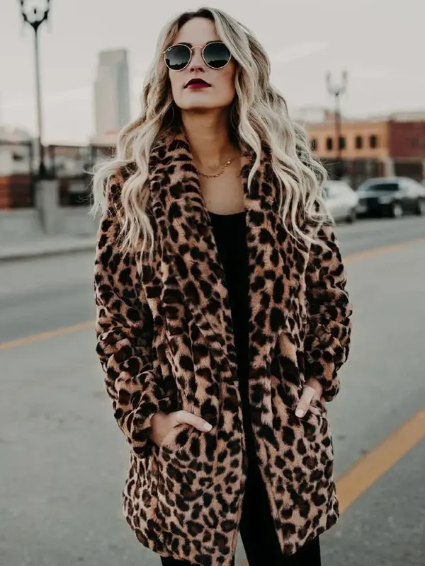 Jaket wanita bulu palsu hangat Leopard mantel santai wanita jaket bulu berbulu tebal halus mewah pakaian luar Bontjas 2023