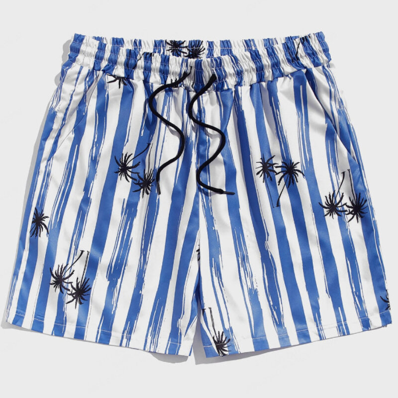 Letnie męskie spodenki plażowe szorty szybko schnące niebieskie białe paski z nadrukiem na drzewie luźny sznurek kąpielówki wakacje