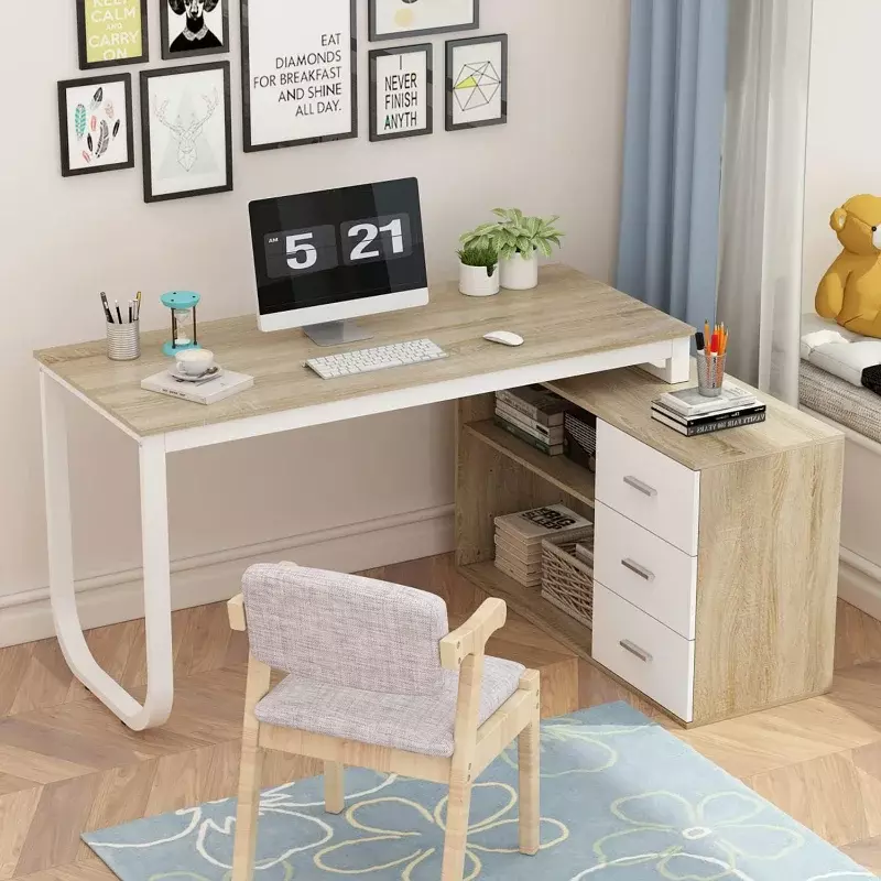 Home Office Computer Desk Corner Desk with 3 Drawers and 2 Shelves, 55 Inch Large L-Shaped Study Writing Table with Storage