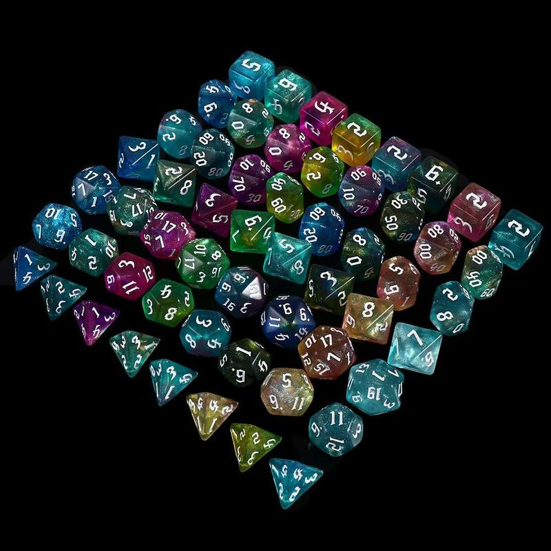 Polyhedral Dice Set Para Jogos de Tabuleiro, Jogando Número, Padrão Esculpido, Iridescente, Glitter, 7-Die, 2-Tone