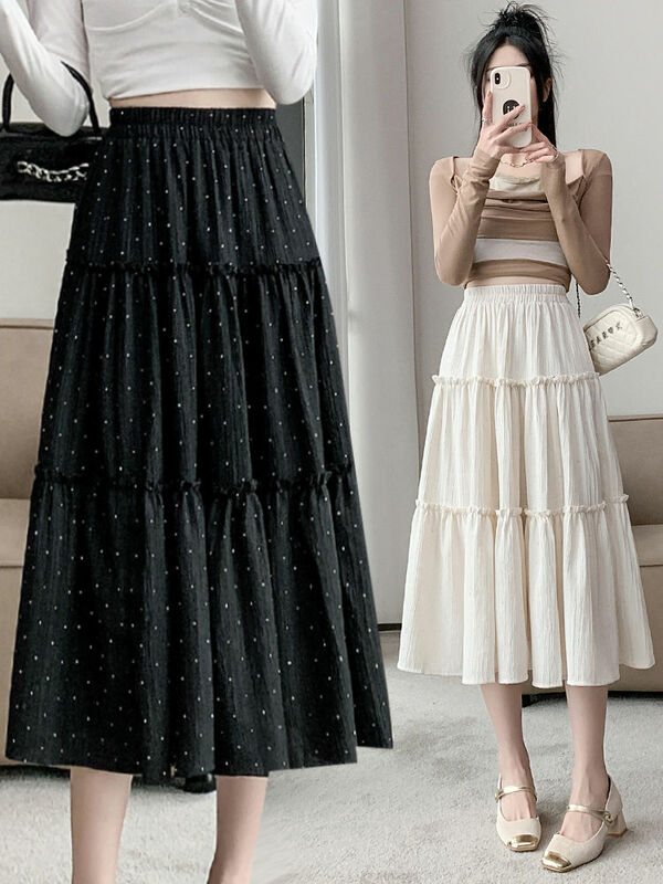 Женская плиссированная юбка в горошек, трапециевидная юбка средней длины в Корейском стиле, модель F68 на осень, 2024
