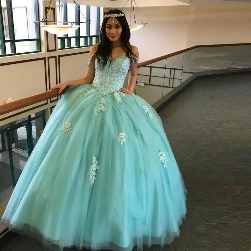 Sweetheart Ball Gown Quinceanera Dresses Vestidos De 15 Anos Fashion Off-Shoulder Birthday Applique Gowns Hot