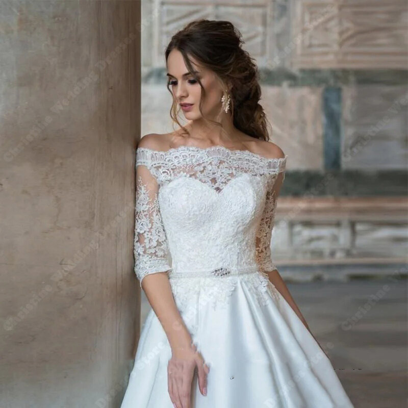 Ramatyczne tiulowa suknia ślubna z odkrytymi ramionami, średnio długie rękawy suknie ślubne nowa koronkowa szlafrok Plus Size z haftem