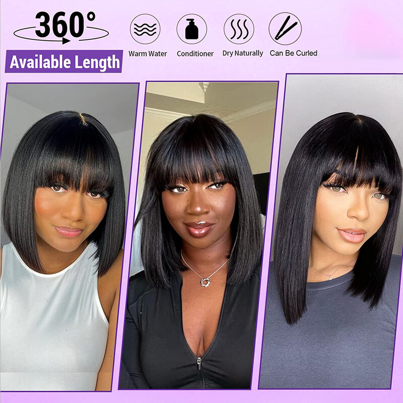 Short Bob Wig With Bangs Brazilian Remy Human Hair Wigs Full Machine Lace Realistic Scalp Glueless Straight Bob Wig With Bangs
