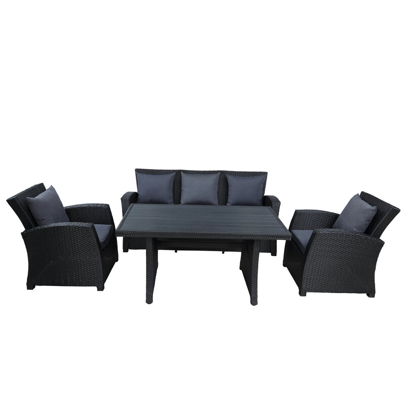 Conjunto de muebles de Patio al aire libre, conjunto de conversación de 4 piezas, muebles de mimbre negro, juego de sofá con Cushin gris oscuro para piscina, césped de Patio trasero