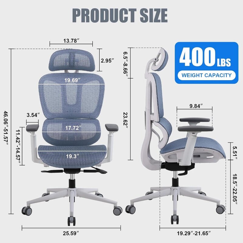 Ergonomischer Bürostuhl mit Lordos stütze, Home-Office-Stühle mit hoher Rückenlehne, verstellbarer Sitztiefe, 3D-Armlehnen und Kopfstütze
