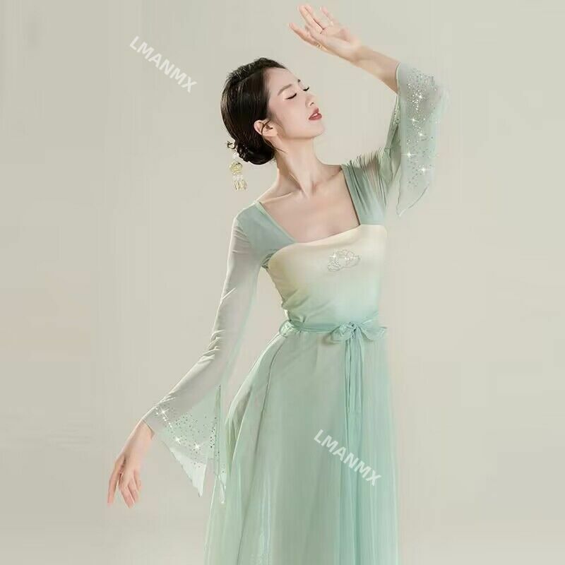 Chinese style folk dance classical dancer performance costumes elegant cardigan practice clothes body rhyme long outer gauze