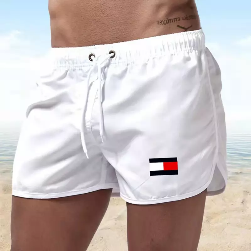 Shorts de natação estampados masculinos, shorts de praia sexy, maiô surf, moda verão 2024